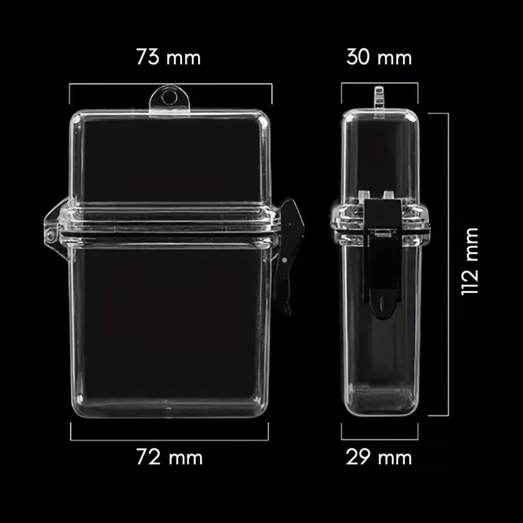 Due custodie in plastica trasparente con dimensioni etichettate: Custodia sinistra 73 mm x  30 mm x 112 mm. Entrambe sono dotate di chiusure e punti di fissaggio sicuri.